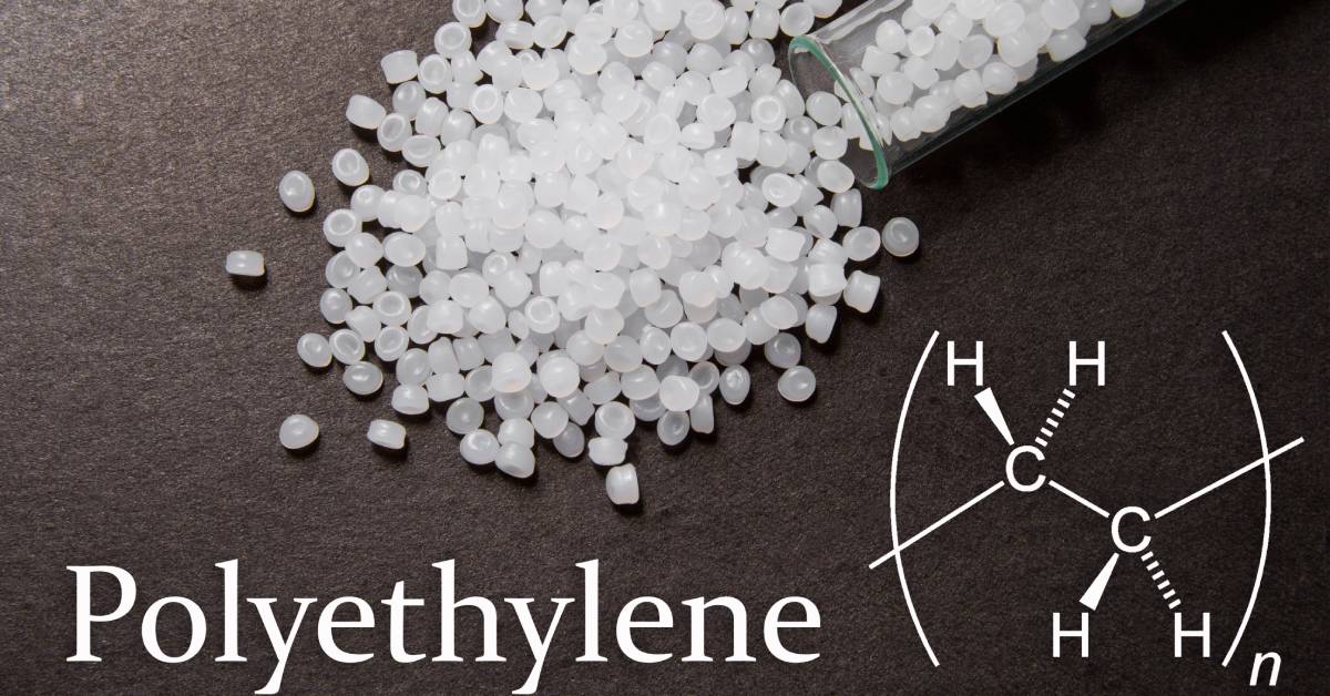 A glass tube lies on a table with white translucent plastic pellets spilling out. The word "polyethylene" is written out below.